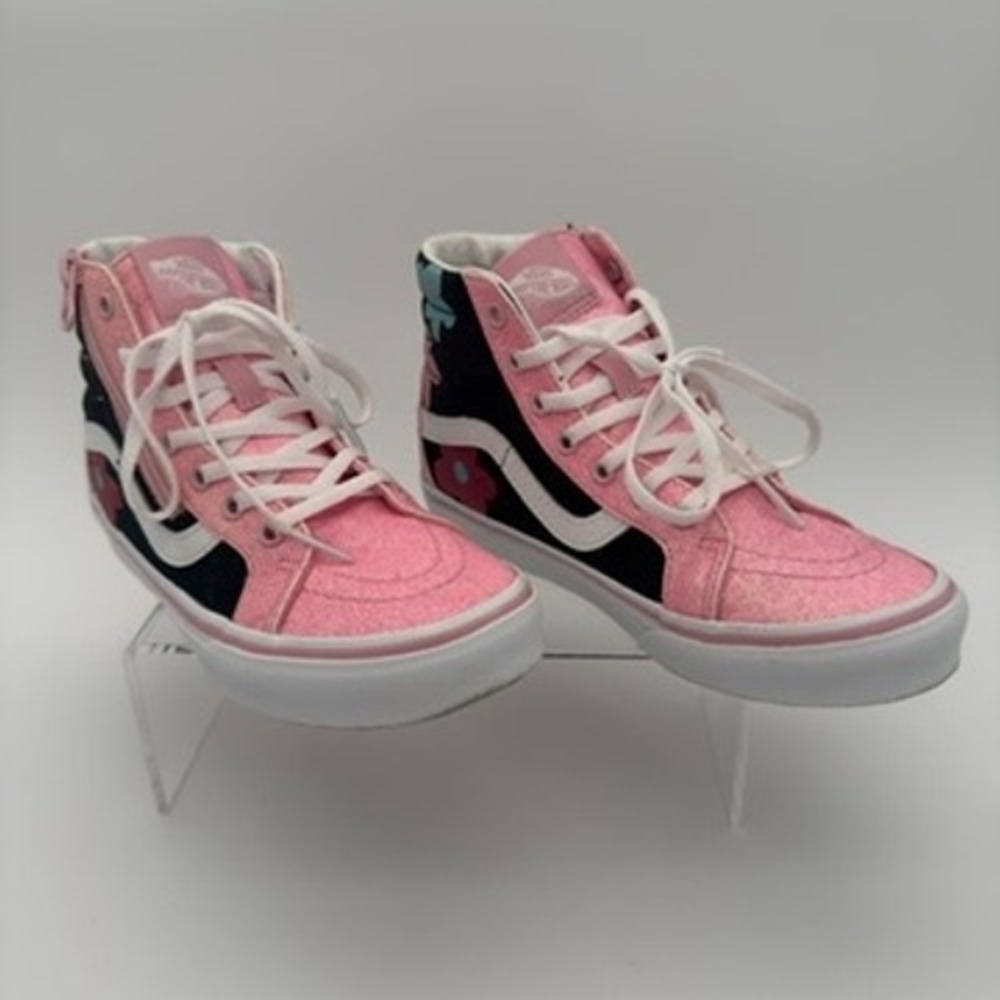 Vans Sk8 Hi Kids 2 Pink Glitter Floral Side Zip High Top Sneakers